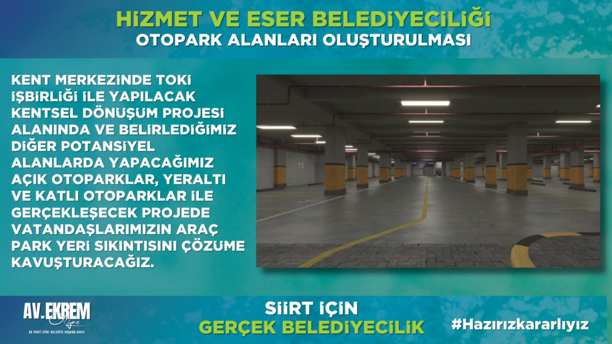 Belediye Başkan Adayı Ekrem OLĞAÇ olarak göreve gelmem halinde hayata geçireceğimiz bir projeyle kent merkezinde otopark alanlarının oluşturulması için önemli adımlar atacağız.