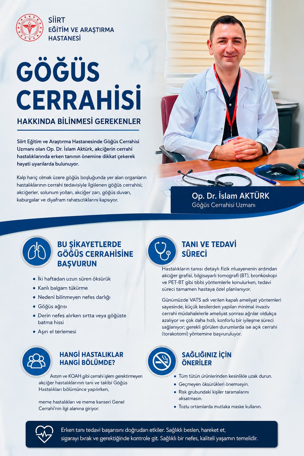 Göğüs Cerrahisi Uzmanı Op. Dr. İslam Aktürk, akciğerin cerrahi hastalıklarında erken tanının tedavi başarısını artırıyor