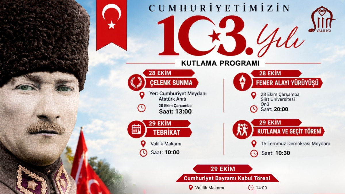 Cumhuriyetimizin ilan edilişinin 103. yıl dönümü, yurt genelinde olduğu gibi ilimizde de çeşitli törenlerle kutlanacak.
