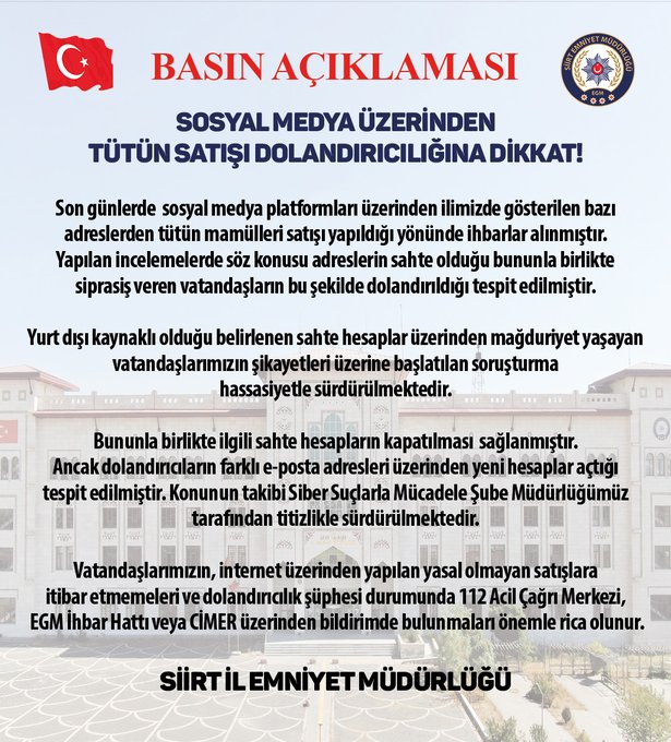 SOSYAL MEDYA ÜZERİNDEN TÜTÜN SATIŞI DOLANDIRICILIĞINA DİKKAT!