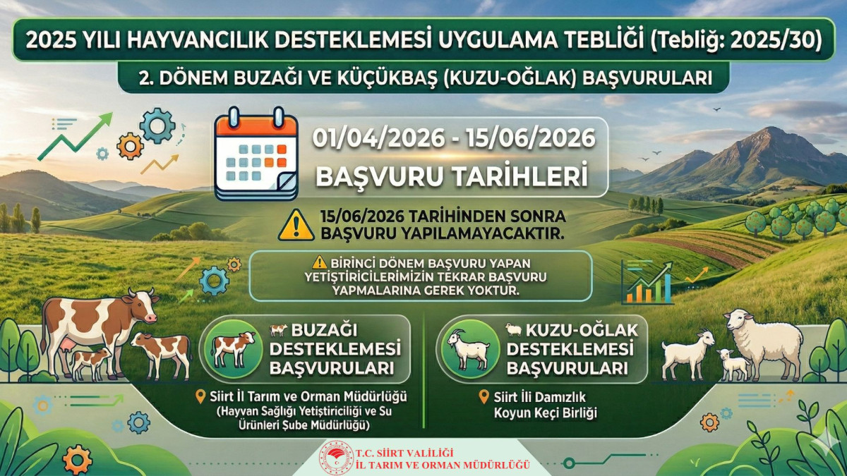 2. dönem buzağı desteklemesi ile kuzu-oğlak desteklemesi başvuruları 01 Nisan 2026 – 15 Haziran 2026 tarihleri arasında yapılacaktır.
